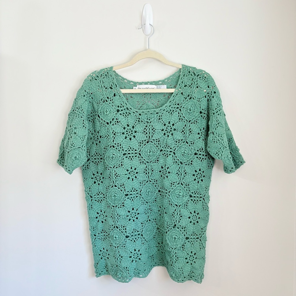 VTG 90s Eagles Eye Seafoam Green Crochet Top Silk Cottagecore Grandmacore Boho